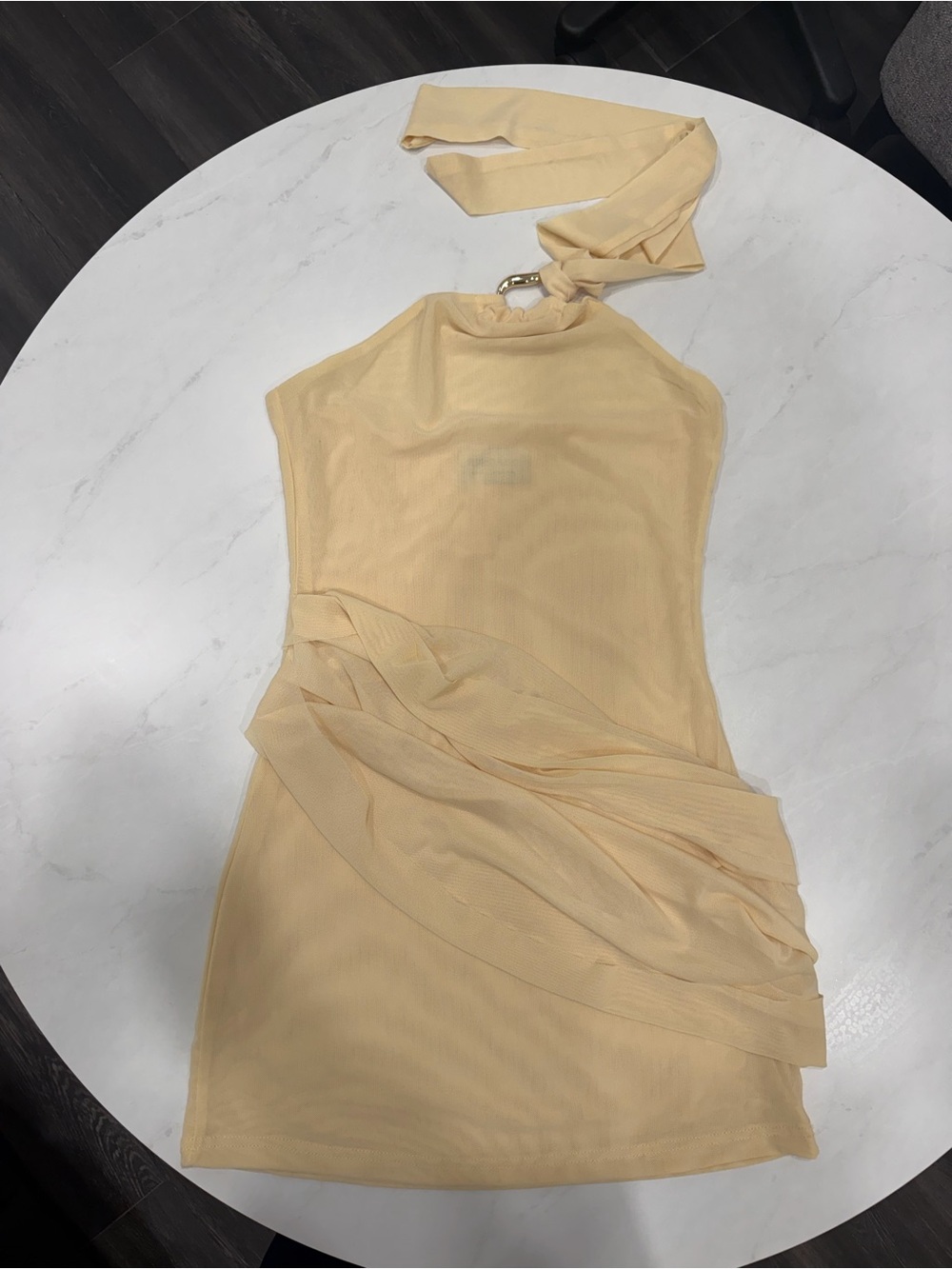 Peppermayo Cream Halter Mini Dress with Draped Side Overlay